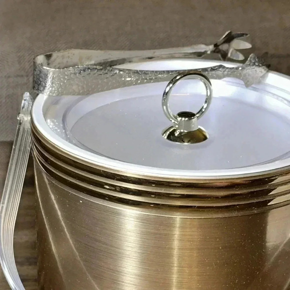 Vintage Ice Bucket Mid Century Modern MCM Copper/Gold w Ice Tongs Made in USA - Picture 3 of 10